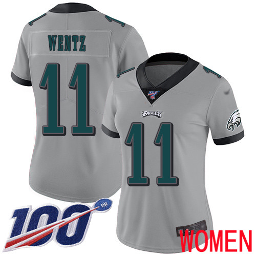 Women Philadelphia Eagles #11 Carson Wentz Limited Silver Inverted Legend NFL Jersey 100th Season Football